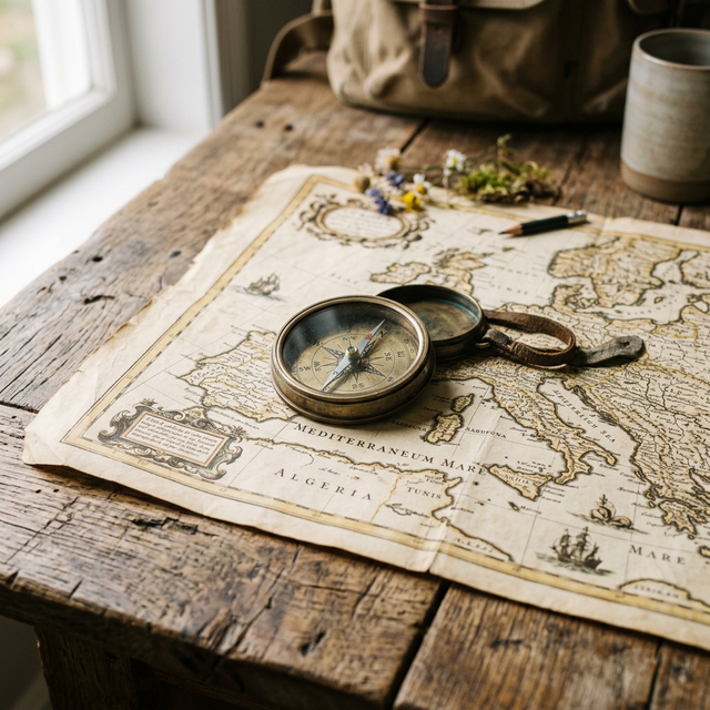 Boussole et carte ancienne sur une table en bois